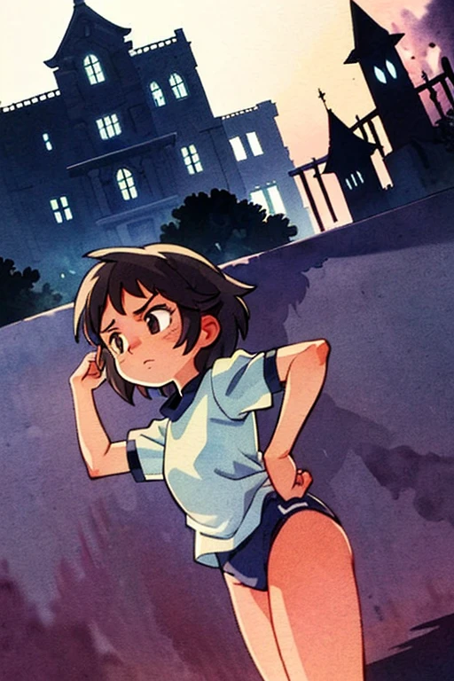 (masterpiece, highest quality),  (The ghost mansion at night), One Girl, young teen, Black gymnastics bloomers, High leg、white blouse, standing in the night ghost mansion, Looking up 、Anxious expression, Emotional, Wide-angle, dark, Best Shadow, watercolor,ghost、devil、Death Strikes、Fate of Death