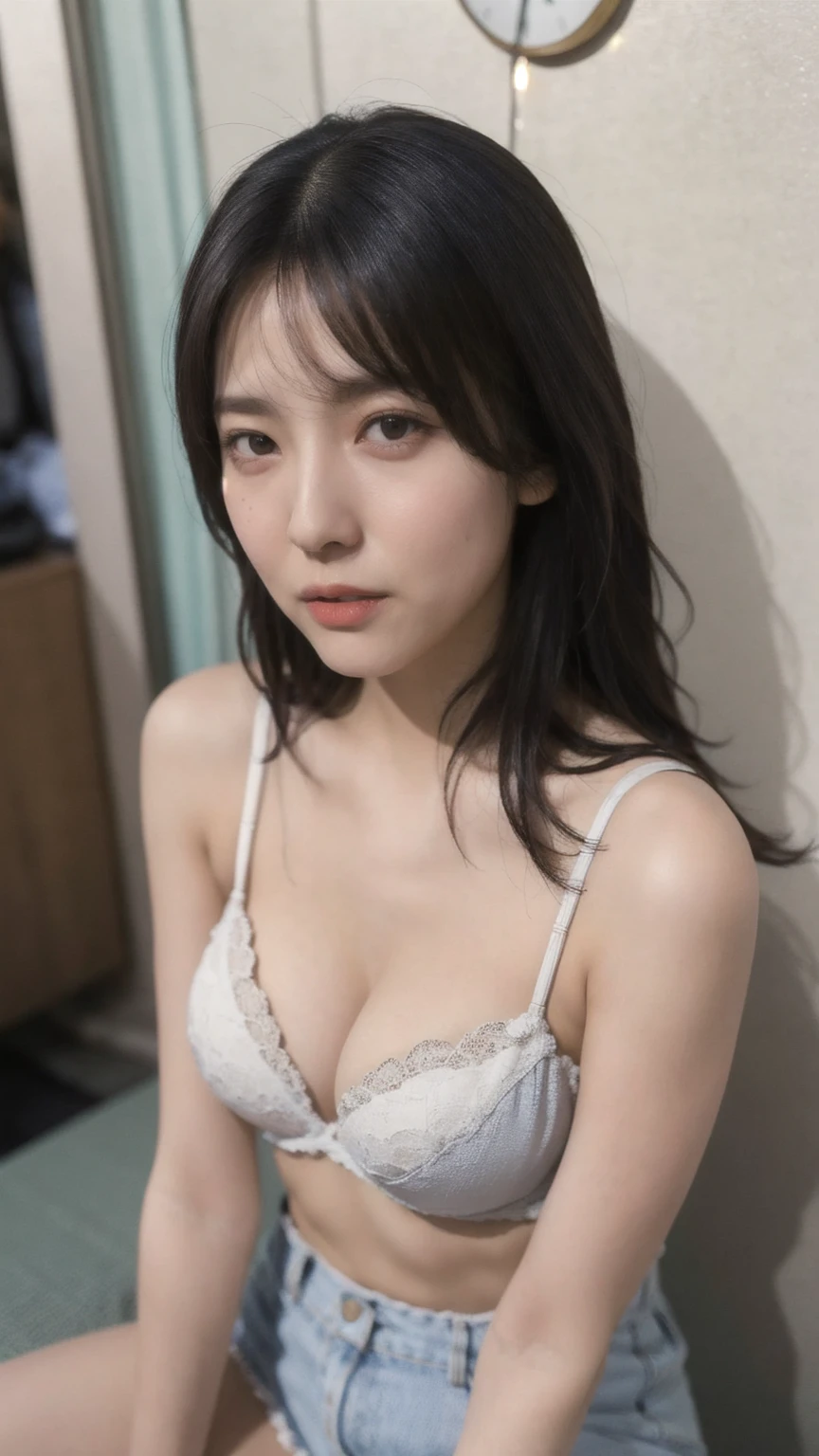 realistic photos of (1 cute Korean star) flipped hair, thin makeup, (big breasts), sexy erotic G-string lingerie, at the market, clear facial features of Canon EOS, 16k, high resolution, sharp and realistic details,  overexposure, cut-in, UHD, high res, best quality, show perfect legs, sitting