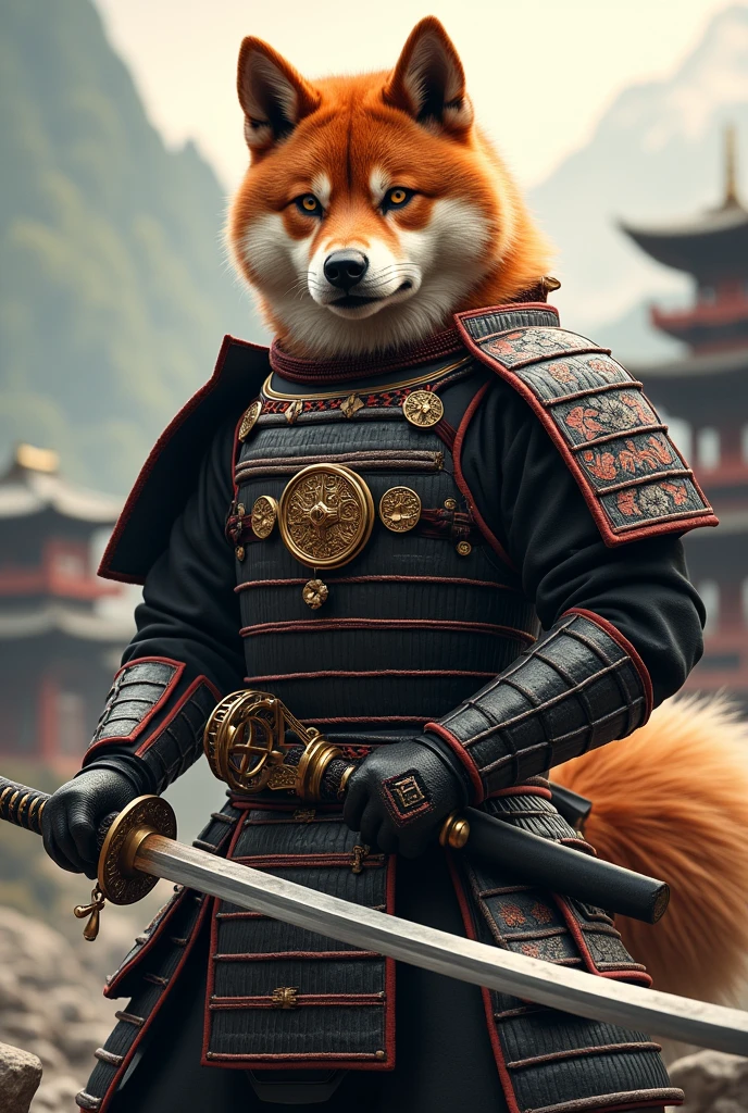 Red Shiba Inu Samurai with armor and sword