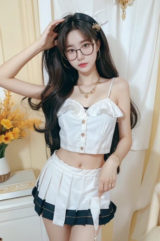  best quality, tmasterpiece,Ultra-high resolution,Clear face,（Reality：1.4），ferpect lighting，(upper body photo), (photorealistic:1.50), anime wallpaper, Guviz style artwork, cover-up fantasy up to magic , by Yang J, Guviz, beautiful artwork illustration, beautiful digital artwork, beautiful digital illustration, Li Song, beautiful anime portrait, art style in Beauvot, 1girl, Slim Belly Beauty: 1.3, (super Giant Breasts: 1.2), Dress: 1.1, Super Delicate Face, Delicate Eyes, Double Eyelids, Smile, Home, long hair, black hair, (Glasses), bangs, White shirt, Short skirt, Bare shoulders, (standing), upper body, smile, Inside the house, Glass, Selfie pose, 