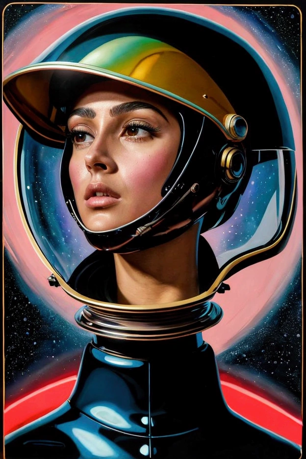 There is a painting of a woman with a helmet on., esteban hickman, Synthetic wave artistic style ]!!, Cinemascope panorama, we pass, Epically luminous image, Pioneer aesthetic, Spell blocker, futuristic france, Juan Gimenez, trend in artstaion, by Julian Allen, 70s palette, maximalismo. Awesome, from an 8k science fiction movie from 2 0 1 9  