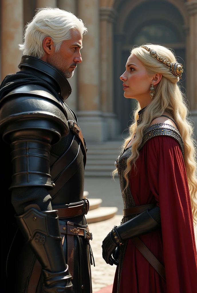 Evil Couple, after fight, blood everywhere, Tired, Ripped clothes, damaged armor, Evil, glowing red eyes, Smirk, in the throne room, scar on eyes, Messed up hair, a Targaryen and a Lannister, Jaime Lannister and Daenerys Targaryen, Crowns