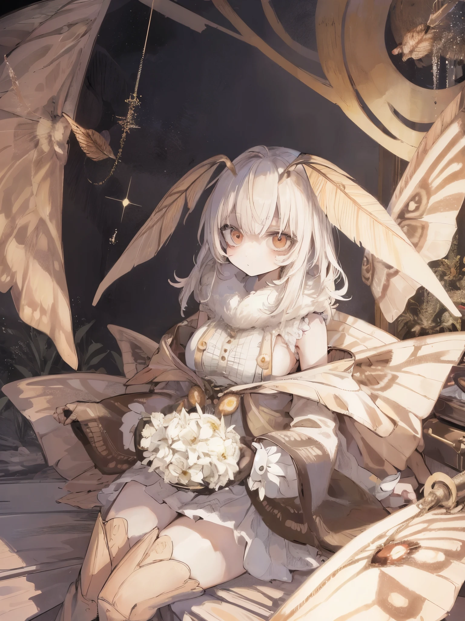 solo,1girl\(cute,kawaii,,skin color white,short white hair,(big moth wing hair:1.7),white dress\(beautiful race\),(2moth antennaes at hair:1.8),[moth wing on back:2.0],[moth wing on body:2.0],[moth wings:2.0],[extra arm:1.5],moth wing is only at hair,dynamic pose\), BREAK ,background\(dark night,beautiful moon,beautiful stars,((beautiful street lights))\), BREAK ,quality\(8k,wallpaper of extremely detailed CG unit, ​masterpiece,hight resolution,top-quality,top-quality real texture skin,hyper realisitic,increase the resolution,RAW photos,best qualtiy,highly detailed,the wallpaper,cinematic lighting,ray trace,golden ratio,\),(dynamic angle:1.3)