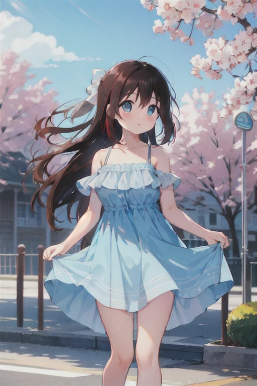 One Girl, Black Hair，length，Straight hair，Red hair ribbon，blue eyes，Shizuku Sakurazaka，cute，noon，Outdoor，Light blue camisole dress，blush，Standing posture