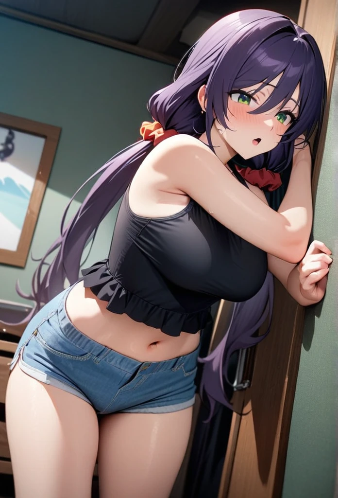 high tail hairstyle, Ponytail hairstyle, Long wavy black hair, standing posing, anime girl style, pixel art anime style,penetrating look with deep eyes,red and purple eyes, hair with a ponytail hairstyle trapped with a big red bun, Women, red hair clips, x color shaped hair clips , smiling face blush, next to his bed, lingerie, Tank Top, Black hair, mini skirt, big thighs,