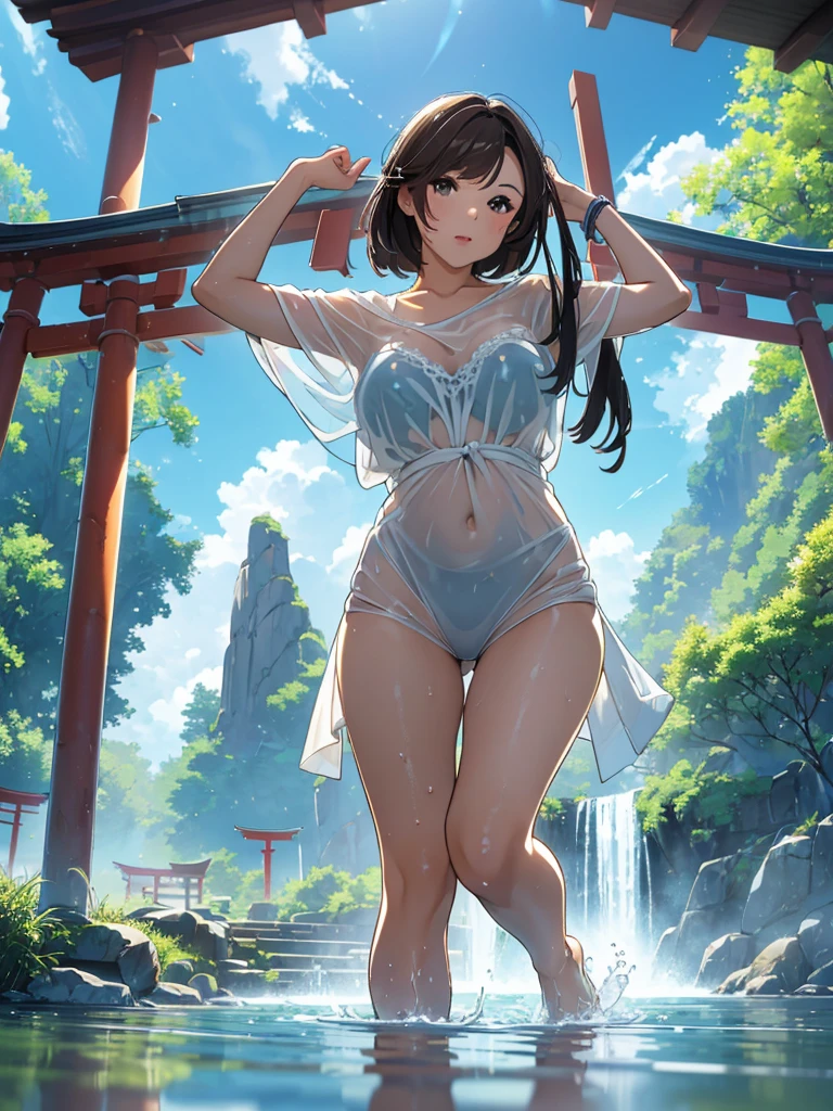 born, masterpiece, Ultra-fine photography,, 最high quality, Ultra-high resolution, ((Nature)), (((Great Falls))), (((Fantastic sky background))), (((Spectacular landscapes))), (((Magnificent sky background))), (((A magnificent torii gate:1))), ((Big waterfall)), ((fleshy body)), ((Glamorous body)), ((Lewd pose)), (((A beautiful woman bathing in water from a waterfall))), (((see-through Sexy lingerie))), ((A composition that makes you think about the future)),(((Photogenic beauty))), Realistic, ((Sparkling Splash)), (((Solemn atmosphere))), (Stunningly beautiful woman), ((Golden ratio of the face)), ((Beautiful light reflection)), ((Full body portrait)), ((Glamorous body)), (Perfect anatomy), (Perfect anatomical toes),Amazingly beautiful, Dynamic pose, Delicate face, bornきbornきとした目,Highly detailed background, Detailed face, Detailed busy background, nice, High definition skin, Realistic skin details,8k,Digital single-lens reflex camera, high quality,Photorealism,View from below, (最high quality, 8k, masterpiece: 1.3),Ultra-high resolution,Shot with Canon EOS R 6, Perfect anatomy, Perfect anatomical fingertips, Dark brown hair: 1.1, Ultra detailed face, Detailed lips, Fine grain, double eyelid, charm,masterpiece, 最high quality, Looking into the distance, Beautiful Face, Freeze, Stunned, Dynamic pose, Highly detailed background, Detailed face, Detailed busy background, nice, High definition skin, Realistic skin details,8k,Digital single-lens reflex camera, high quality,Photorealism,View from below,NSFW,(最high quality, 8k, masterpiece: 1.3),Ultra-high resolution,Shot with Canon EOS R 6, Dark brown hair: 1.1, Ultra detailed face, Detailed lips, Almond-shaped eyes, double eyelid,A beautiful Japanese wife, charm的,