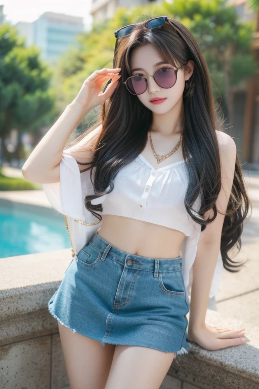 Highest quality、masterpiece、High sensitivity、High resolution、Detailed Description、Glasses、mini skirt、Wave Hair、In the outdoors、