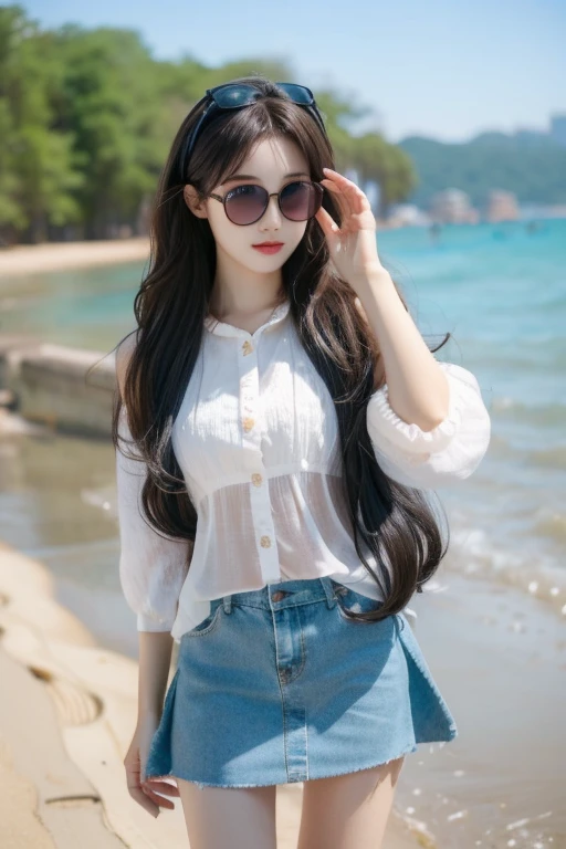 Highest quality、masterpiece、High sensitivity、High resolution、Detailed Description、Glasses、mini skirt、Wave Hair、In the outdoors、