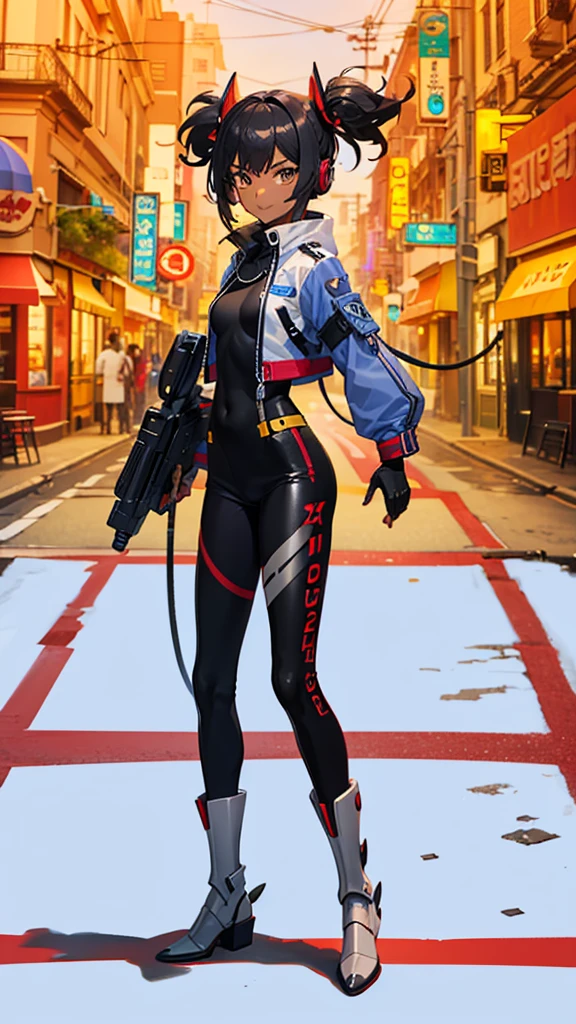 (Best quality, anime style, good anatomy)reploid armor, Xinyan(Genshin_Impact),1 girl, dark skin, brown eyes, angry, smile, black hair, short twintails, spike scrunchies, headphones, black bodysuit with lateral red lines, grey jacket, black gloves, right arm red plasma cannon(Megaman), grey boots, cibernetic world background, colorful