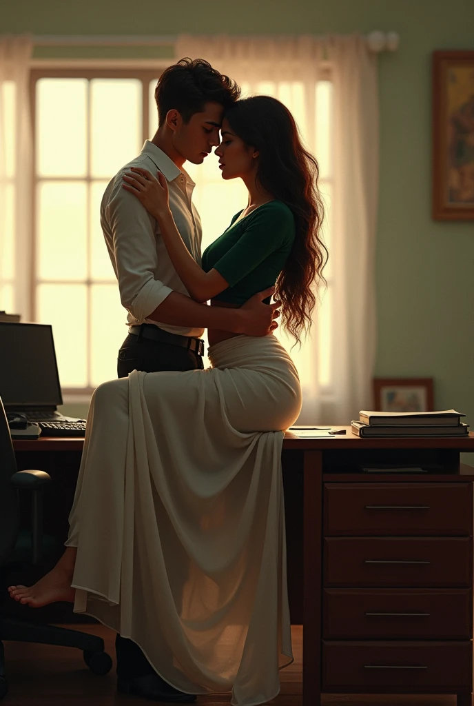 The man in his 55s with black very short hair and smooth face with moustache. The woman in her 55s with brown wavy long hair. In the retro office. Night, dark, dim. The man is wearing unbuttoned light blue shirt. The woman is wearing floral red dress. Doggy sex. The woman is moaning. Orgasm. Passion. Erotic. Ultra realistic.