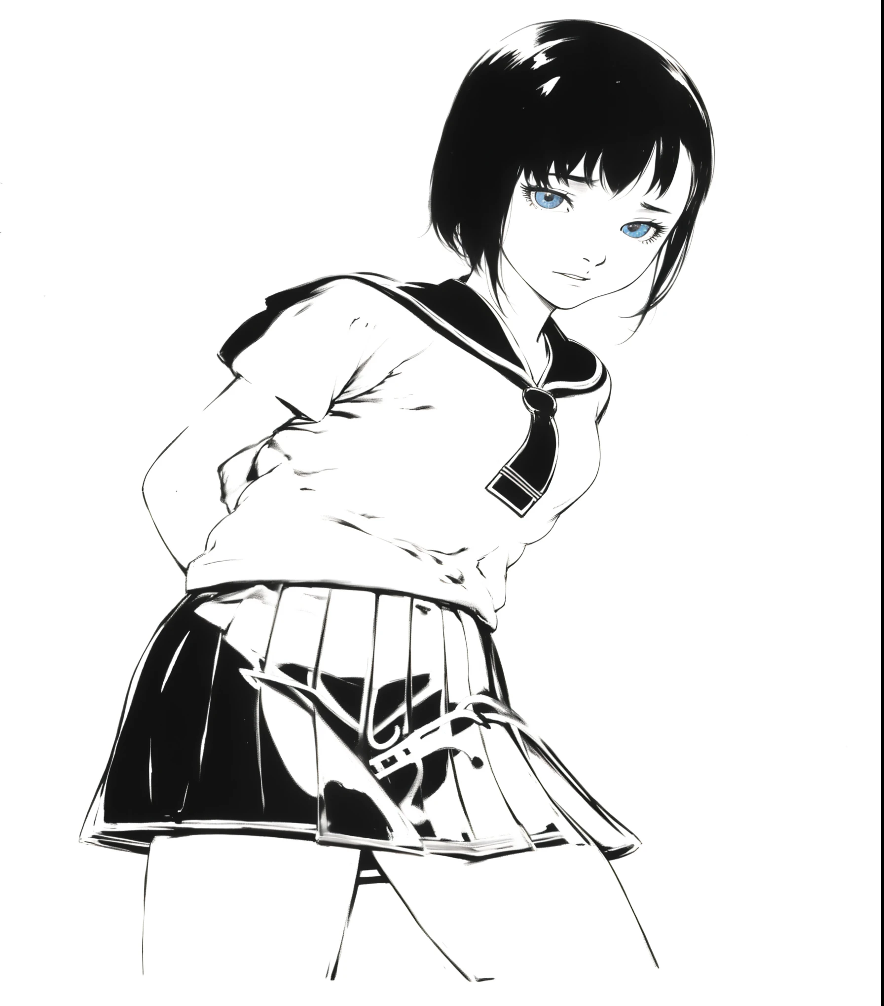 (Noir comic style illustration:1.2),(Black and White_High Contrast),One Girl,Line art,Monochrome,sketch,Pencil drawing,Traditional Media,One Girl,skirt,Short sleeve、Are standing, (Cute Teenage Girls, alone),Beautiful portrait、Delicate body、Respect、sketchブック、Black Hair,Beautiful Landscape,sketch,