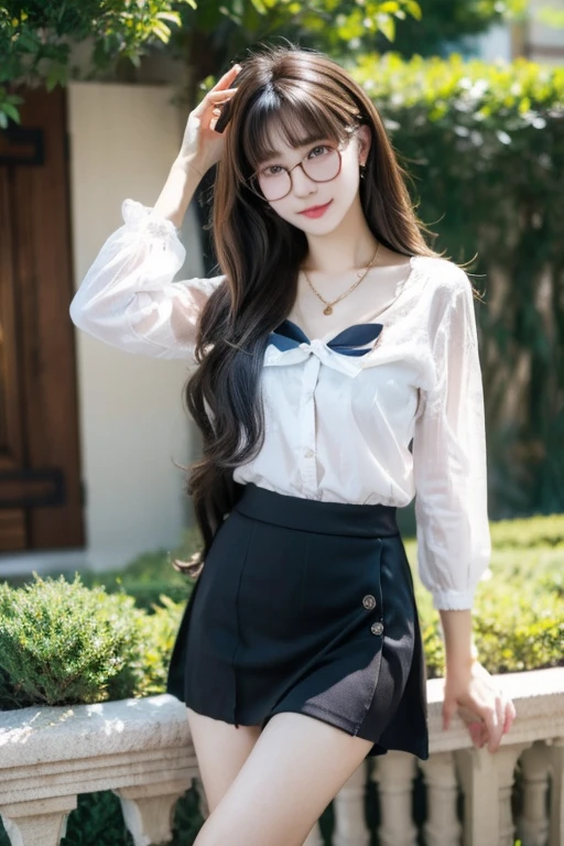 Highest quality、masterpiece、High sensitivity、High resolution、Detailed Description、Glasses、mini skirt、Wave Hair、