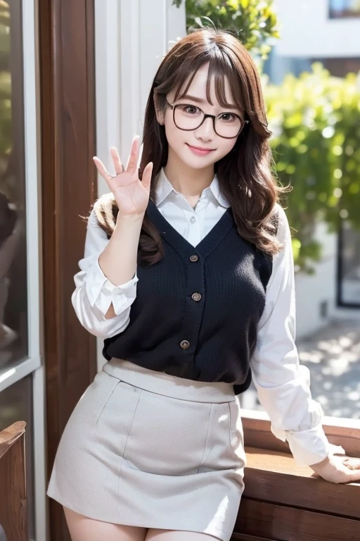 Highest quality、masterpiece、High sensitivity、High resolution、Detailed Description、Glasses、mini skirt、Wave Hair、