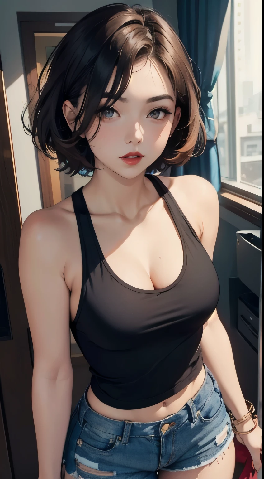 (((masterpiece))),(((High resolution)))、(((8K quality)))、(((perfect face)))、(((beauty of japan)))、30 years old, ((tanktop)), look at the camera, ((top quality eyes)), detailed face, (detailed texture), look at the camera, big tits