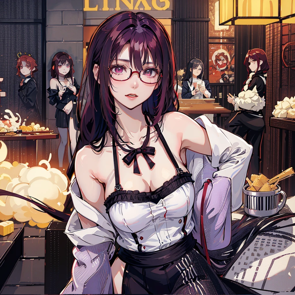 Only one female, Are standing, bartender, (black vest over white dress shirt) tie, Stylish clothing, Mature Woman, /(Black Hair/), (A light smile:0.8), (Masterpiece Top quality:1.2) Delicate illustrations, super detailed, Medium Breast Break ((Colorful neon signs:1.Two on the wall), (Neon tube) Shining Blake (Fashionable bar counter) indoor, ((Cocktail Glass) Filled with colorful liquor), (Dimly lit room), Wine Bottle, Detailed Background