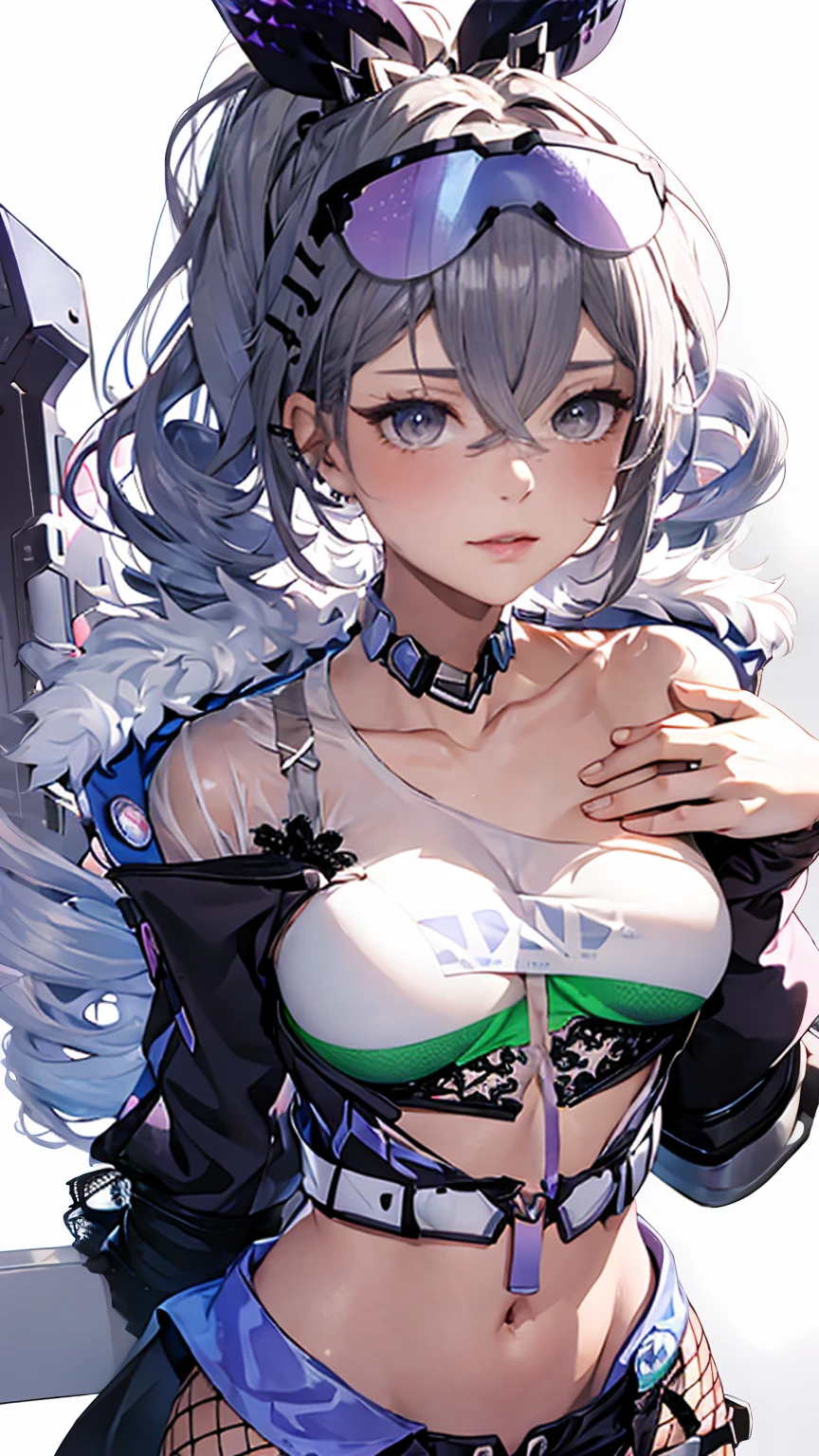 1girl,silver hair
BREAK (( 1girl, solo, looking at viewer, shirt, hair ornament, gloves, navel, cleavage, bare shoulders, jewelry, medium breasts, jacket, hair ribbon, white shirt, thighs, earrings, open clothes, shorts, sleeveless, choker, black gloves, hairclip, midriff, fingerless gloves, armpits, off shoulder :1))
BREAK ((eye rolling,ahegao:1.3))
BREAK indoors,
BREAK looking at viewer,
BREAK (masterpiece:1.2), best quality, high resolution, unity 8k wallpaper, (illustration:0.8), (beautiful detailed eyes:1.6), extremely detailed face, perfect lighting, extremely detailed CG, (perfect hands, perfect anatomy),