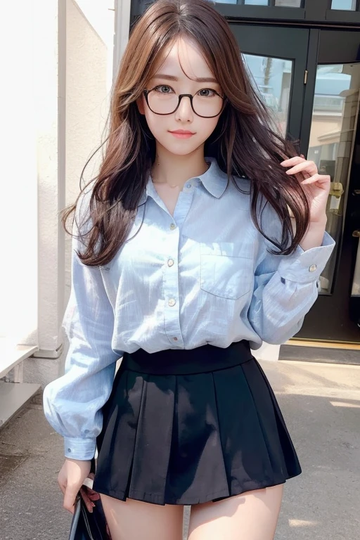 Highest quality、masterpiece、High sensitivity、High resolution、Detailed Description、Glasses、mini skirt、Wave Hair、