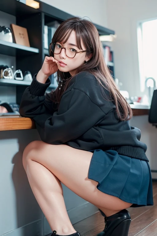 Highest quality、masterpiece、High sensitivity、High resolution、Detailed Description、Glasses、mini skirt、Crouch down、