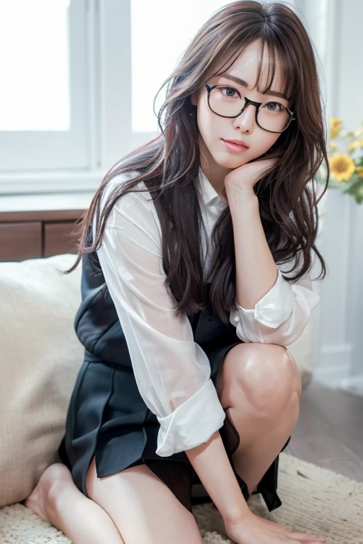 Highest quality、masterpiece、High sensitivity、High resolution、Detailed Description、Glasses、mini skirt、Crouch down、