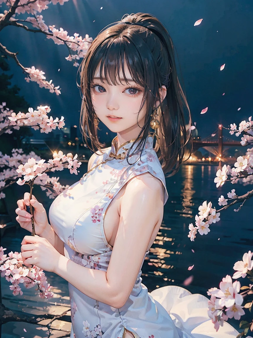 1 girl、(White Chinese Dress:1.2)、(RAW Photos、Highest quality)、(Genuine、Realistic:1.4)、masterpiece、Very delicate and beautiful、Very detailed、2k wallpaper、wonderful、detailed、Very detailed CG Unity 8k wallpaper、Very detailed、High resolution、Soft Light、Beautiful Detailed Girl、Very detailed目と顔、Beautiful detailed nose、Beautiful detailed special eyes、Cinema Lighting、City lights at night、Perfect Anatomy、Slender body、A light smile、close、(Long hair with bangs)、Large Breasts、Photograph the whole body、ponytail、Holding a dagger、Cherry blossom petals in the background