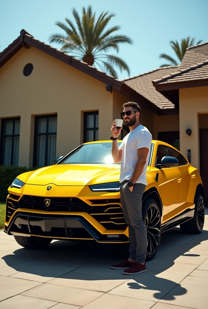 casal feliz(((homem e mulher))), ao fundo um carro, (((Mercedes))), em uma casa, (((mansion))) com piscina