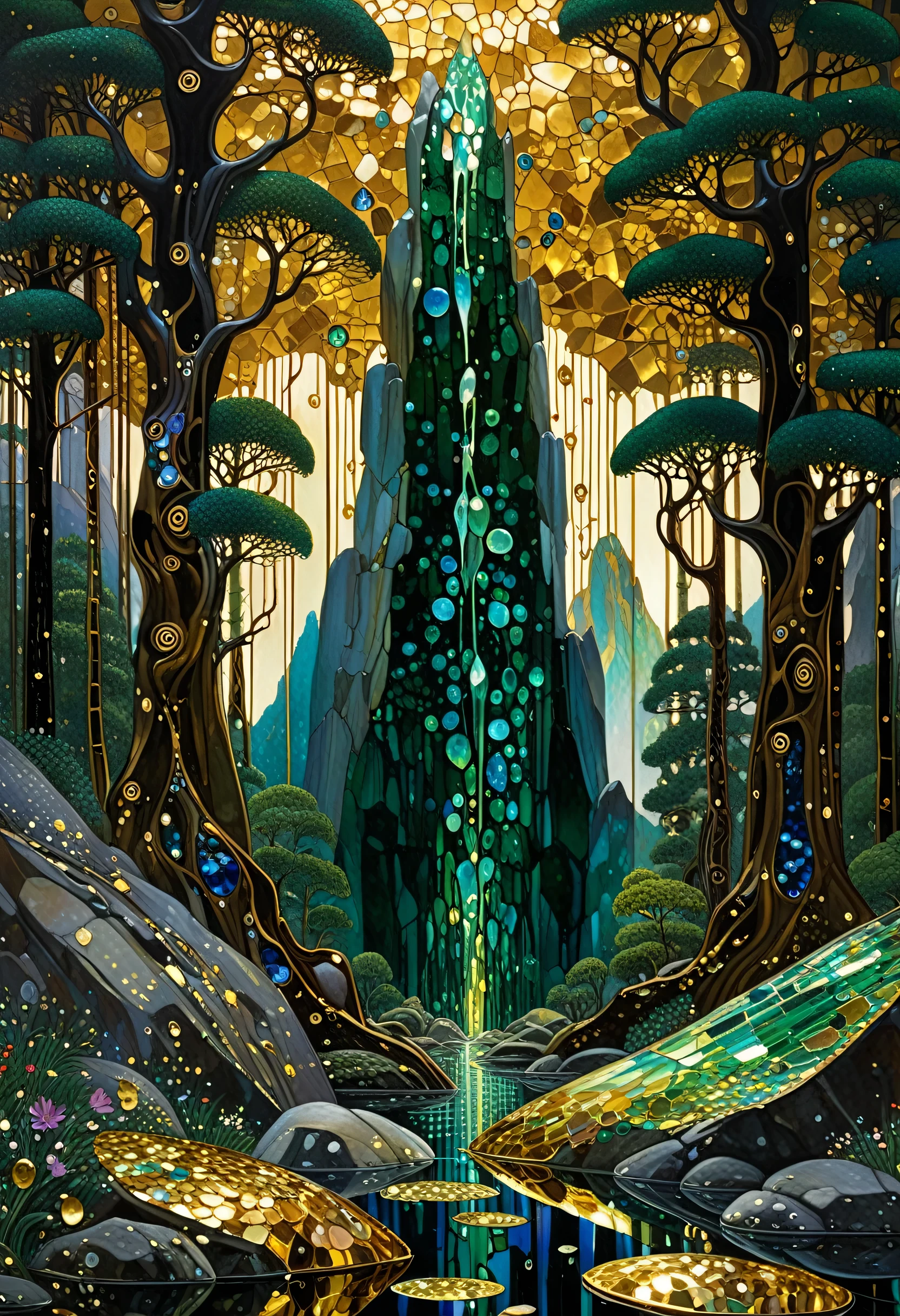 liquid chrome, liquid gold wet on wet, ultra highly detailed, cinematic, Mountain forest, Broken Glass effect, energy, molecular, textures, iridescent and luminescent scales, breathtaking beauty, pure perfection, divine, John Gilbert, by Gustav Klimt, by Bill Watterson