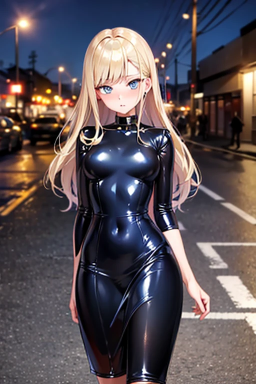 masterpiece, best quality, 1girl, tight latex dress, perfect lightning, doglike peeing, in public, long hair, blonde, blue eyes, blusshed