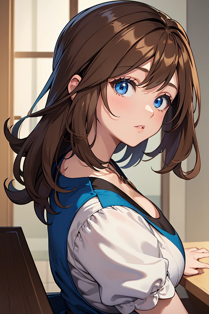 ((masterpiece, best quality)), absurdres, perfect, solo, brown hair, blue eyes, 1girl, blue eyes, brown hair, solo, big booty thread