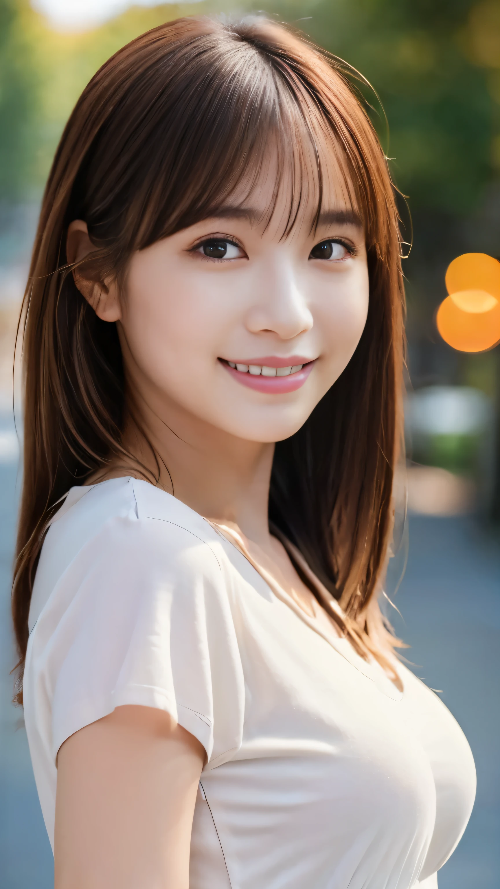 masterpiece, best quality, ultra high res, ultra detailed, sharp focus, 1girl, solo, a stunning pretty and beautiful Japanese sexy model, 19yo, looking at viewer:1.3, (bright smile:0.6), wearing a (blouse), dusk, sunset, night, realistic, Slender, (standing:1.1), (looking at the viewer:1.3), sexy gaze, blush, (upper body shot:1.6), messy hair, asymmetrical bangs, light brown hair, messy hair style, ((Pure white camisole、Hands behind head、Light clothing))、((naked:1.5、Nipples are erect:1.2、Large Breasts:1.2、Short Hair:1.5、ponytail:1.5、Hands behind head:1.5、A fitted shirt:1.5、smile:1.2))