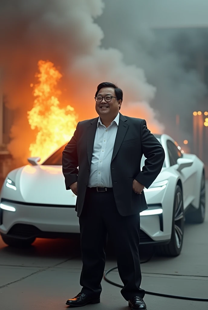 A cool, state-of-the-art white EV, plugged in and charging, smoke rising from the EV, seems to be on fire, a man leans back in front of it with his hands on his hips and smiling proudly, the man is wearing a suit, a plump middle-aged Asian man with short black hair and silver-rimmed glasses, the words "The future is ours" are floating above the man, high-definition realism, professional lighting, surrealism, a scene that makes fun of sarcasm, 3D animation, comedy scene, funny, animation