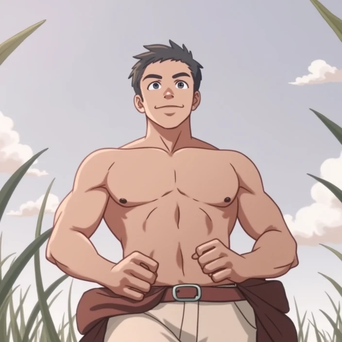 Showing off his muscular muscular back, red skin, bright red skin, the boy blushed shyly , rosy skin, shiny skin(muscular thigh muscles )( anime style, art) (photo angle from bottom up) (photo angle from the ground upwards) [Anime photo][highest quality photo][4k,HD photo quality ] wear tight and short loincloths , bulging loincloths, torn loincloths, wet loincloths, ancient, dirty loincloths (muscular thigh muscles, firm thigh muscles, muscular thigh muscles, sinewy thigh muscles, giant thigh muscles, strong leg muscles, muscular hamstring leg muscles)(thigh muscles bulging as if about to explode, muscular, calloused, sinewy, giant) , Rudeus Greyrat,fun, happy, huge body, muscular and muscular, bodybuilder, bodybuilding, standing, lots of sweat flowing down, topless, shirtless, hot sunny, 8 pack abs , short hair , green eyes,  Raise your arms high to reveal your armpits, Hands behind the head.