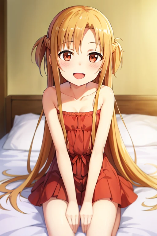 ((Highest quality)), ((masterpiece)), (be familiar with), Perfect Face, indoor, Bedroom, Watching the audience,
One woman, Yuuki Asuna,
Open Mouth, Ecstatic expression, blush, smile,
Small breasts, Flat Chest, , , child, Girl,
Long Hair, Long Hair,
Leg spread,