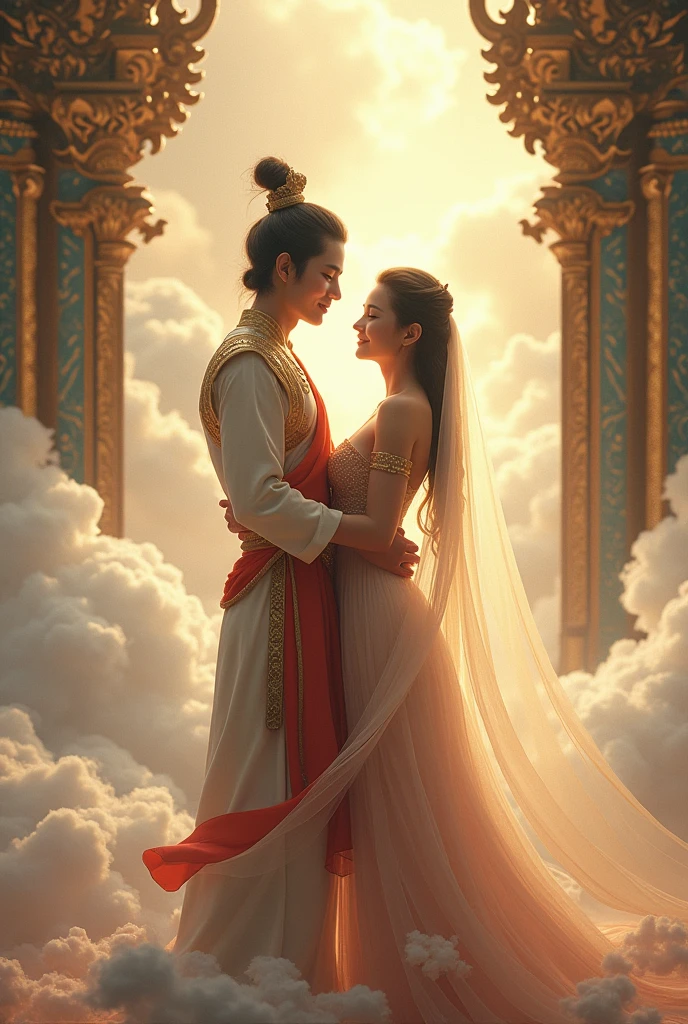 (couple cuddling) rough man naked muscular Zeus, bonito, sexy, seios grandes, decote, pernas nuas, transparente, standingn, hanfu, molhado, claro, realista, mais alto detalhe, mitologia chinesa, dragon pattern, phoenix, sagrado, santo, montanhas douradas, heavenly palace, countless palaces, nuvens, luz dourada