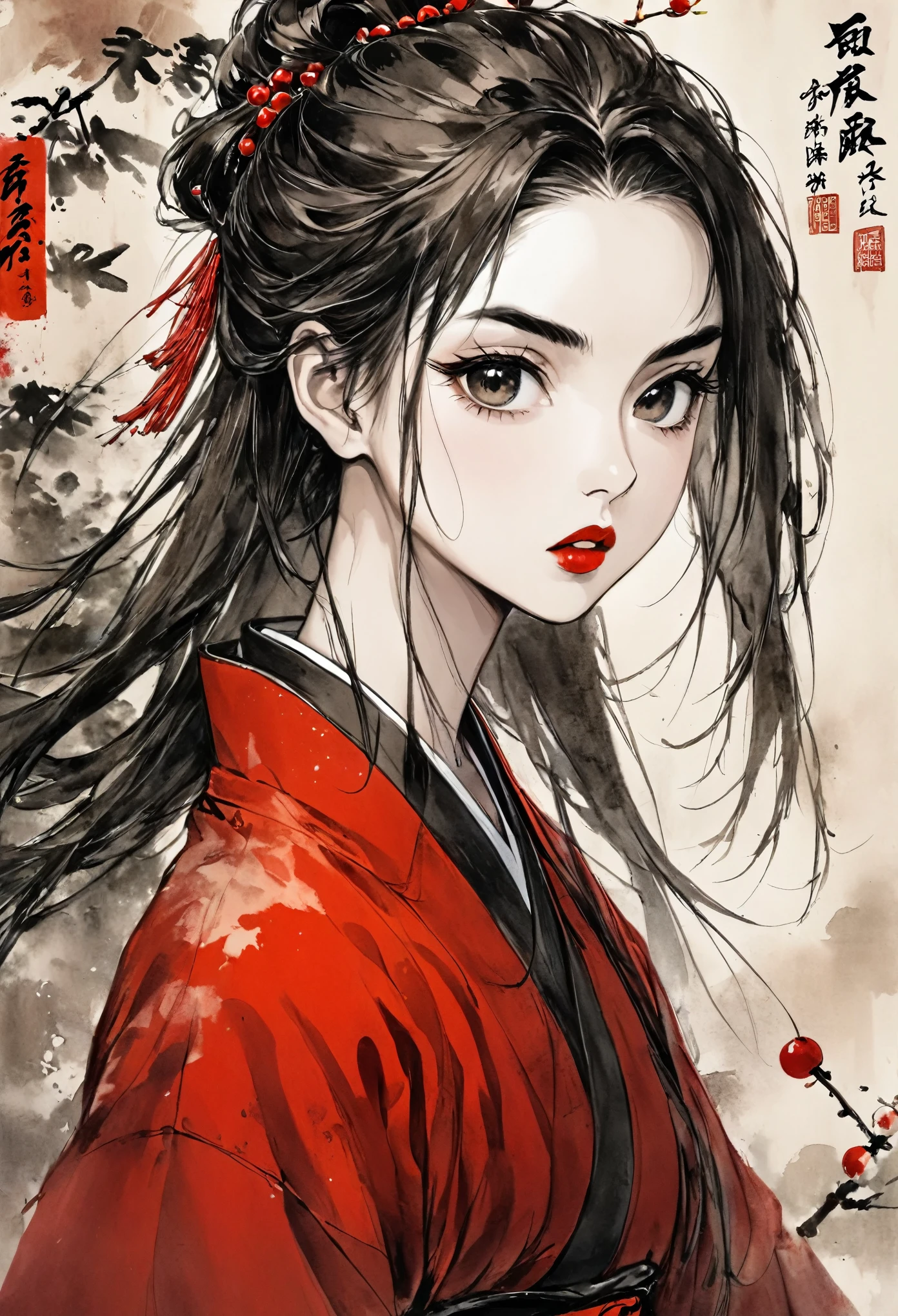 chinese style, ancient martial arts ink painting, feminine figure, Headshots, young woman, melancholic expression, tthin eyebrows, cherry mouth, Facing the camera, Ancient Chinese Hairstyle, messy hair, wearing a red fabric coat, thin neck, best qualityer, screen background