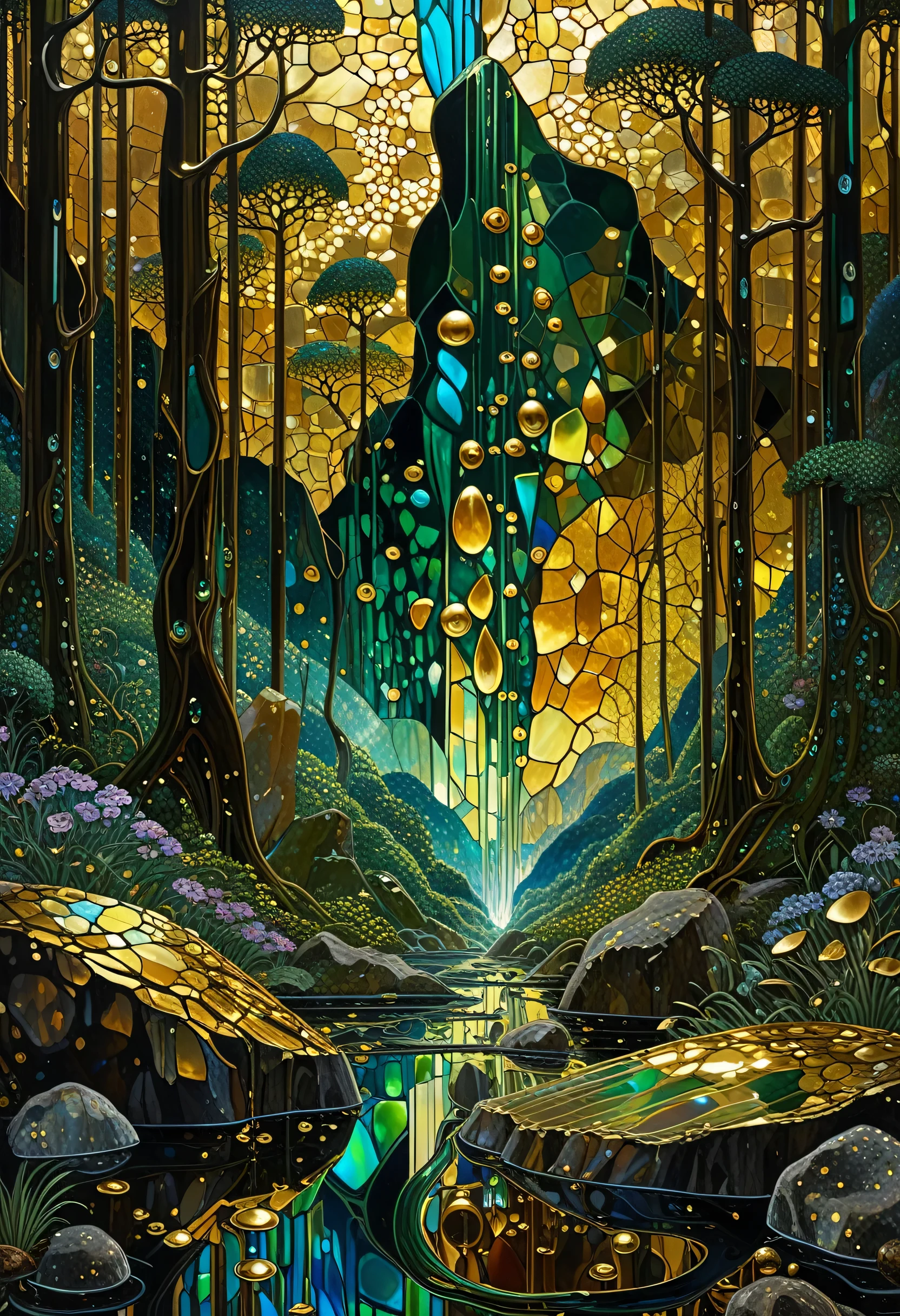 liquid chrome, liquid gold wet on wet, ultra highly detailed, cinematic, Mountain forest, Broken Glass effect, energy, molecular, textures, iridescent and luminescent scales, breathtaking beauty, pure perfection, divine, John Gilbert, by Gustav Klimt, by Bill Watterson