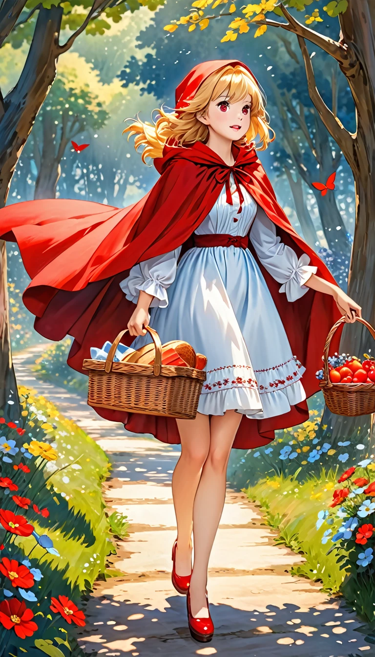 (ukiyoe painting:1.3),(3D Animation:1.3),(Fantasy style costumes),(Grimm fairy tale world),(Little Red Riding Hood,Little Red Riding Hood,red riding hood:1.3),(farmhouse entrance:1.3),(red little red riding hood:1.3),(((Red Tunic:1.3))),(((apples and bread in the basket),Cute and beautiful girl,Cute round face,Cute smile,with blush cheeks,Red Lip,(silver white hair,Floral braided headband,half up、Floral Braided Space Van,Voluminous Fishtail Braids,Twisted chignon,),(Bangs are see-through bangs),hair pin,hair adornments,detailed clothes features,Detailed hair features,detailed facial features,(Dynamic angles),(Dynamic and sexy poses),clothes that emphasize big breasts,Cinematic Light,(masutepiece,top-quality,Ultra-high resolution output image,depth of fields,intricate detailes,Make the subject look three-dimensional with the contrast of light and shadow,) ,(The 8k quality,Anatomically accurate facial structure,),(Sea Art 2 Mode:1.3),(Image Mode Ultra HD,)