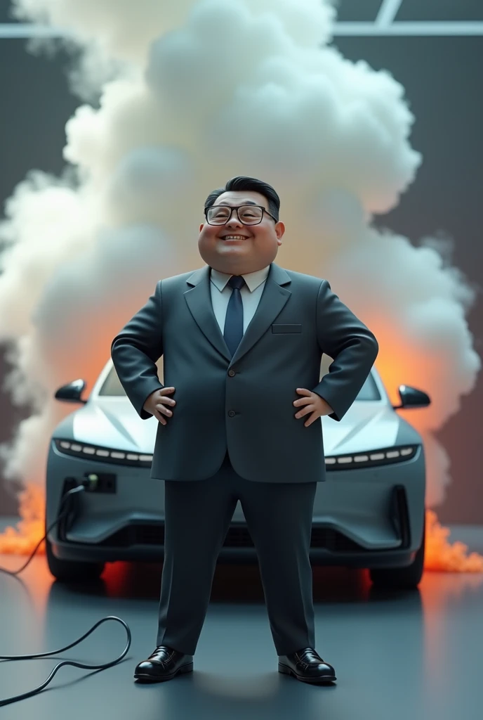 A cool, state-of-the-art white EV, plugged in and charging, smoke rising from the EV, seems to be on fire, a man leans back in front of it with his hands on his hips and smiling proudly, the man is wearing a suit, a plump middle-aged Asian man with short black hair and silver-rimmed glasses, the words "The future is ours" are floating above the man, high-definition realism, professional lighting, surrealism, a scene that makes fun of sarcasm, 3D animation, comedy scene, funny, animation