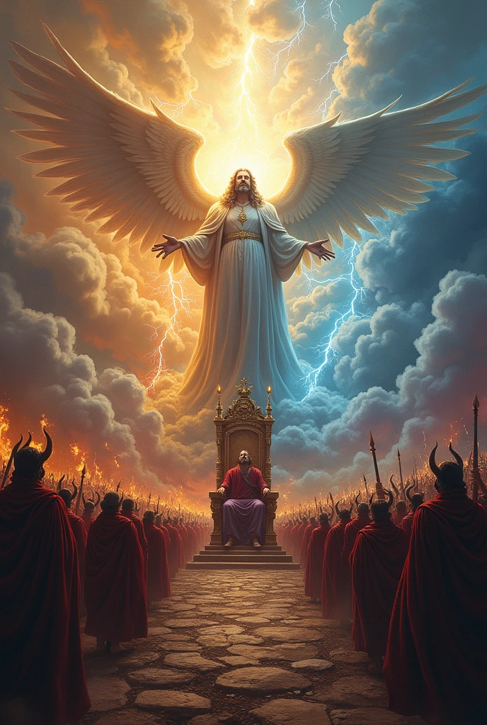 GOD on a throne with a BLACK ANGEL kneeling beside him, AT YOUR FEET