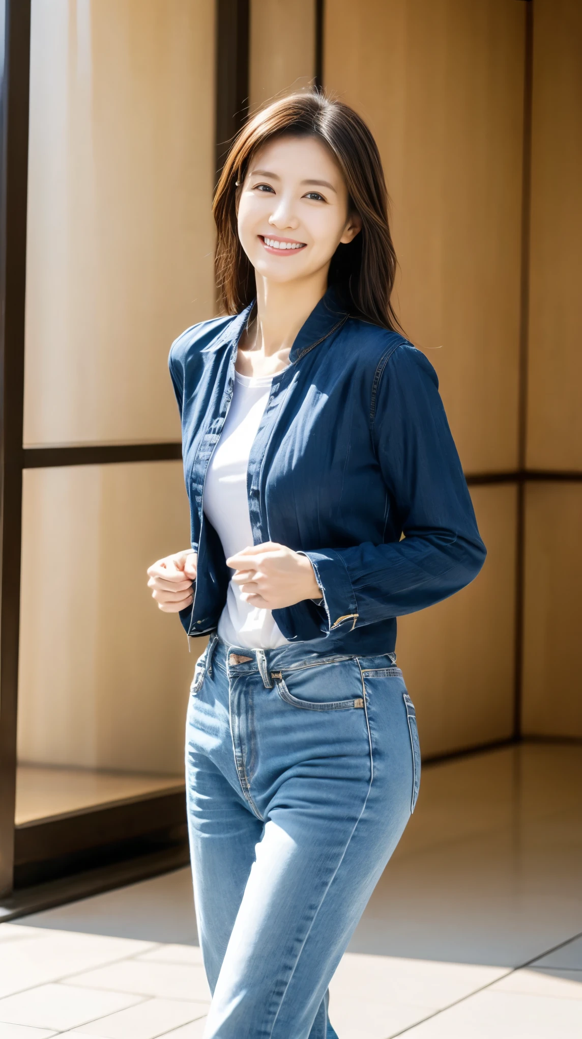 Highest quality,masterpiece,Ultra-high resolution,45Aged Japanese woman,The best smile,whole body,Wear jeans,