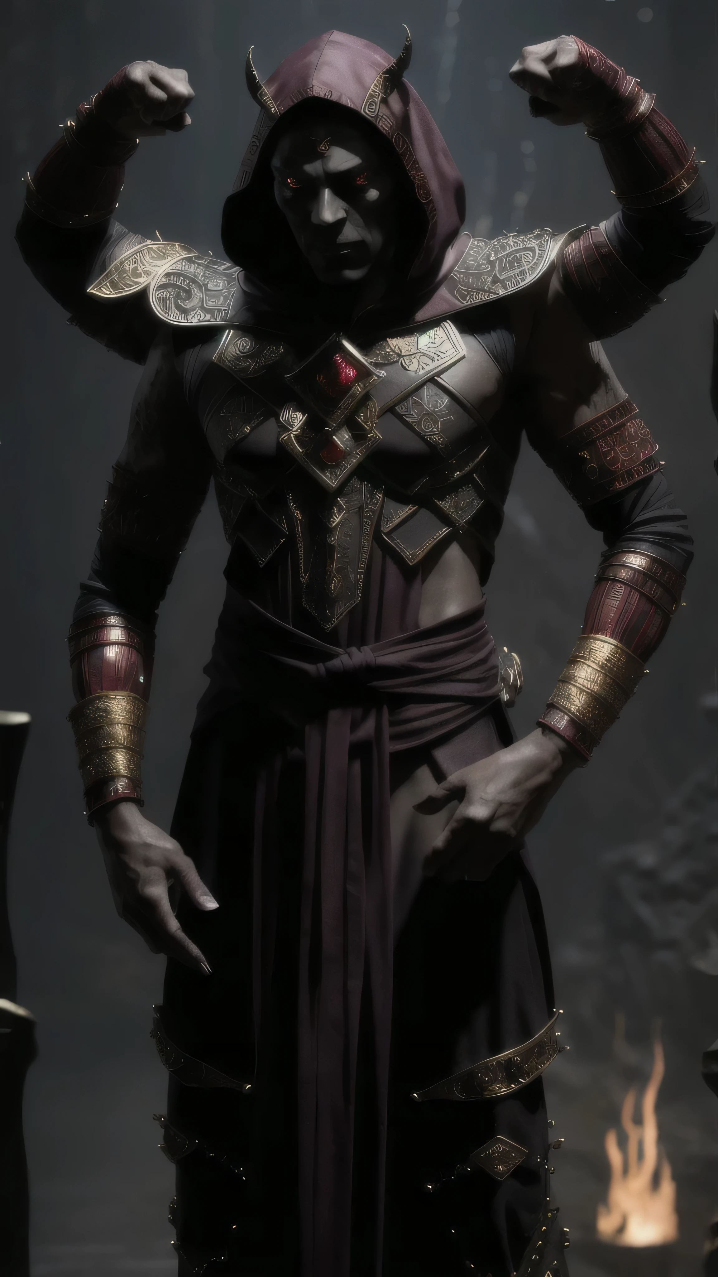 (Vincent Cassel) as Kollector from Mortal Kombat, menacing humanoid creature, ((4arm):1.2), ((four arms)), ((four-armed)), ((extra arms)), colored body skin, (((dark ashen body skin))), glowing red eyes, lean build, intricate gold decorations adorning hood and clothing, tattered hood cloak with, upper body exposed, toned physique, cold menacing expression, holding different objects, magical tools, weapons, belt is adorned with elaborate carvings, glowing red gems, (insanely detailed, beautiful detailed face, masterpiece, best quality), cinematic lighting, 1man, solo, full body view, front view, looking at viewer, intricate, high detail, sharp focus, dramatic, photorealistic painting art by greg rutkowski