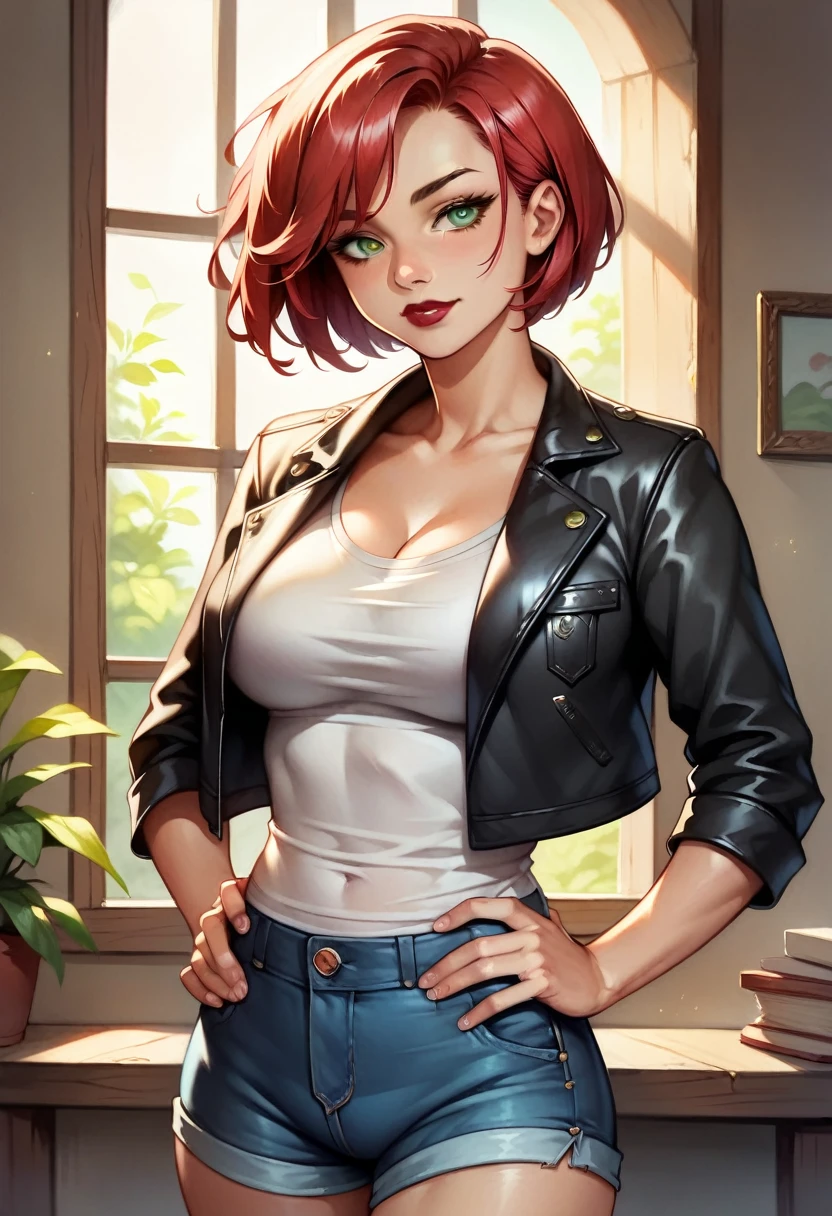 (high-level image quality), (high quality), (high resolution), (detailed), (masterpiece), beautiful woman, ((caucasian)), green eyes, red hair, short hair, dark red lipstick, busty, slender body, Detailed eyes, perfect eyes, Detailed face, portrait, serious, leather pants, black coat, leaning in table, dark room