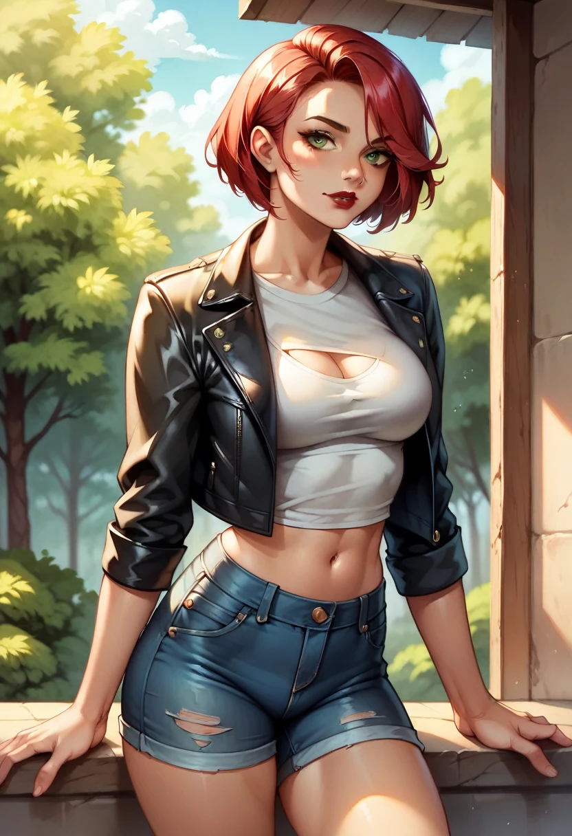 (high-level image quality), (high quality), (high resolution), (detailed), (masterpiece), beautiful woman, ((caucasian)), green eyes, red hair, short hair, dark red lipstick, busty, slender body, perfect eyes, Detailed face, leather pants, black top, nsfw, groping breasts