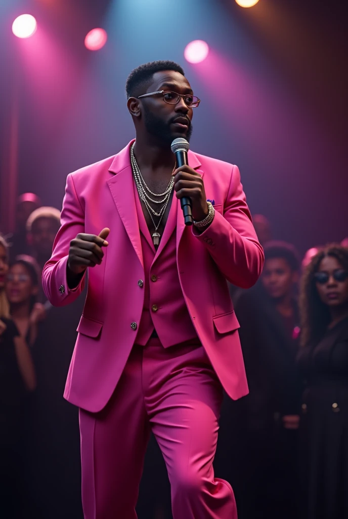 Foreign black male R&B soul funk singer、Singing in a pink suit - SeaArt AI