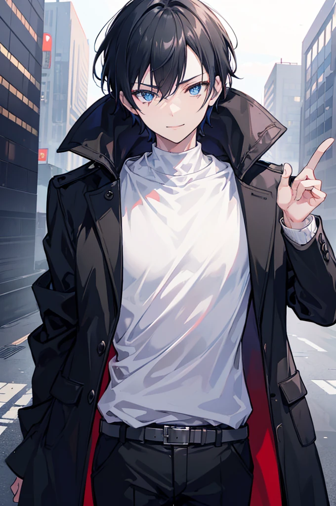 Face_through_torso, 1man, cyberpunk, short_hair(black_hair, hair_between_eyes), sharp_blue_eyes, confident_smile, wearing black hoodie as innerwear, wearing clearly white trench coat, one_hand_in_coat_pocket, mature_male_body_proportions(20s)