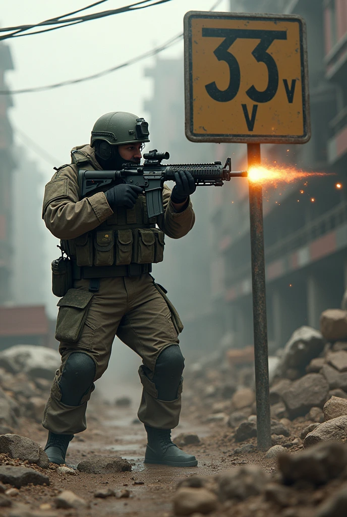 Man with tactical equipment, federal police, photography, aiming gun, side view, abandoned building, smoke, fire, bullet tracers
