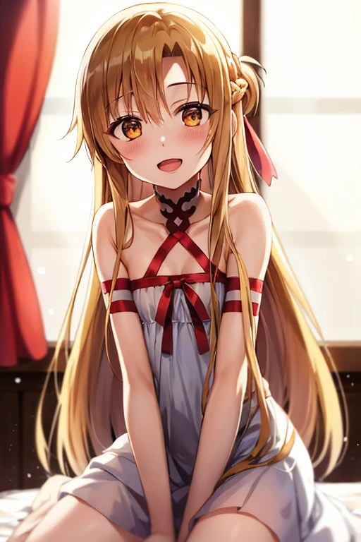 ((Highest quality)), ((masterpiece)), (be familiar with), Perfect Face, indoor, Bedroom, Watching the audience,
One woman, Yuuki Asuna,
Open Mouth, Ecstatic expression, blush, smile,
Small breasts, Flat Chest, , , child, Girl,
Long Hair, Long Hair,
Leg spread,