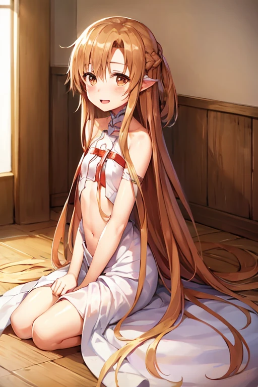 ((Highest quality)), ((masterpiece)), (be familiar with), Perfect Face, indoor, Bedroom, Watching the audience,
One woman, Yuuki Asuna,
Open Mouth, Ecstatic expression, blush, smile,
Small breasts, Flat Chest, , , child, Girl,
Long Hair, Long Hair,
Leg spread,