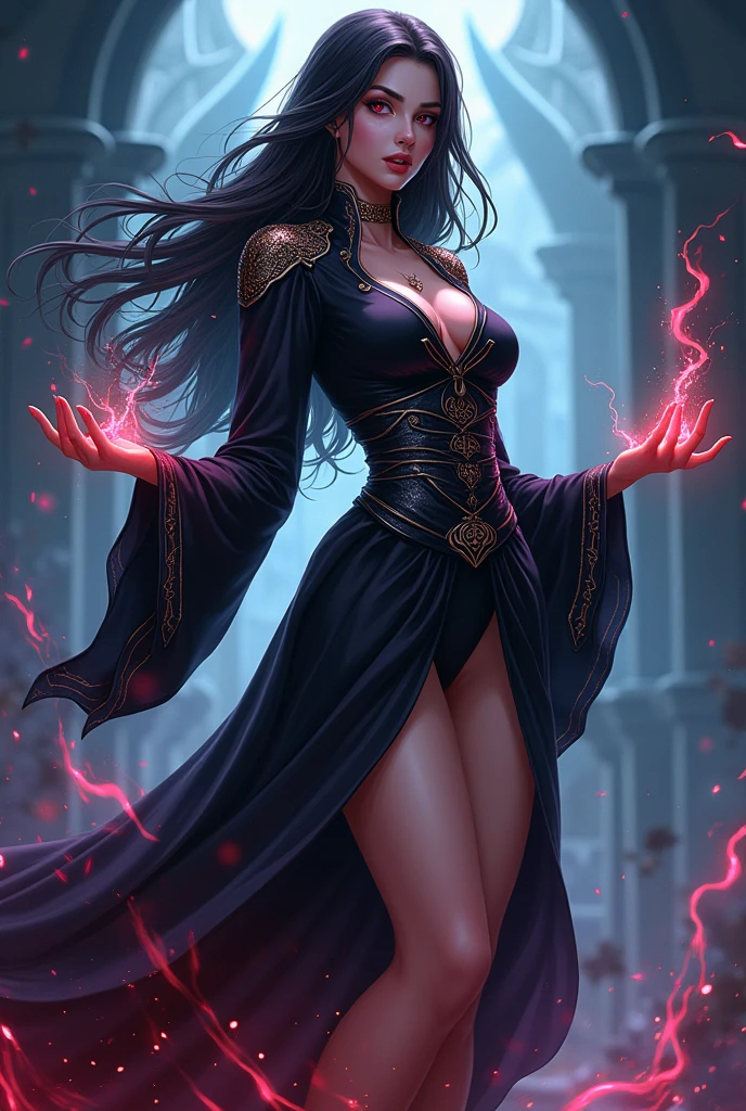 Zatanna Zatara with 122cm big tits with bangs wearing a full medieval style costume being an anime sorceress