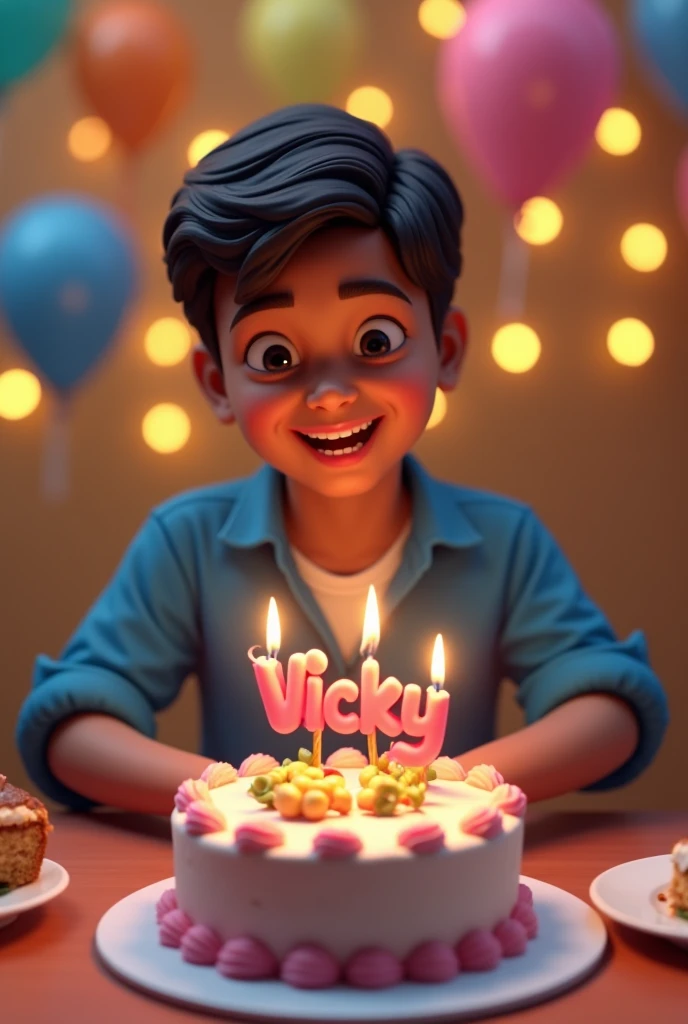 Create a 3d image in which a teenager boy cutting cake wearing light purple color shirt with name “Vinay” is written clearly on the cake and 8 year candle buring on cake image features with birthday decorated view, realistic image, background decorated with birthday items