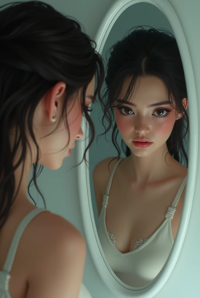 1womanl, Bblack hair, Blue pupils, 精致的面容, cute, love earrings, de biquine, standing in front of the mirror